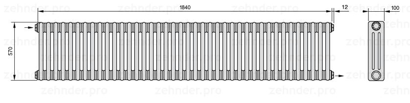 Схема (чертеж) Радиатор Zehnder Charleston 3057/40 №1670 Technoline TL